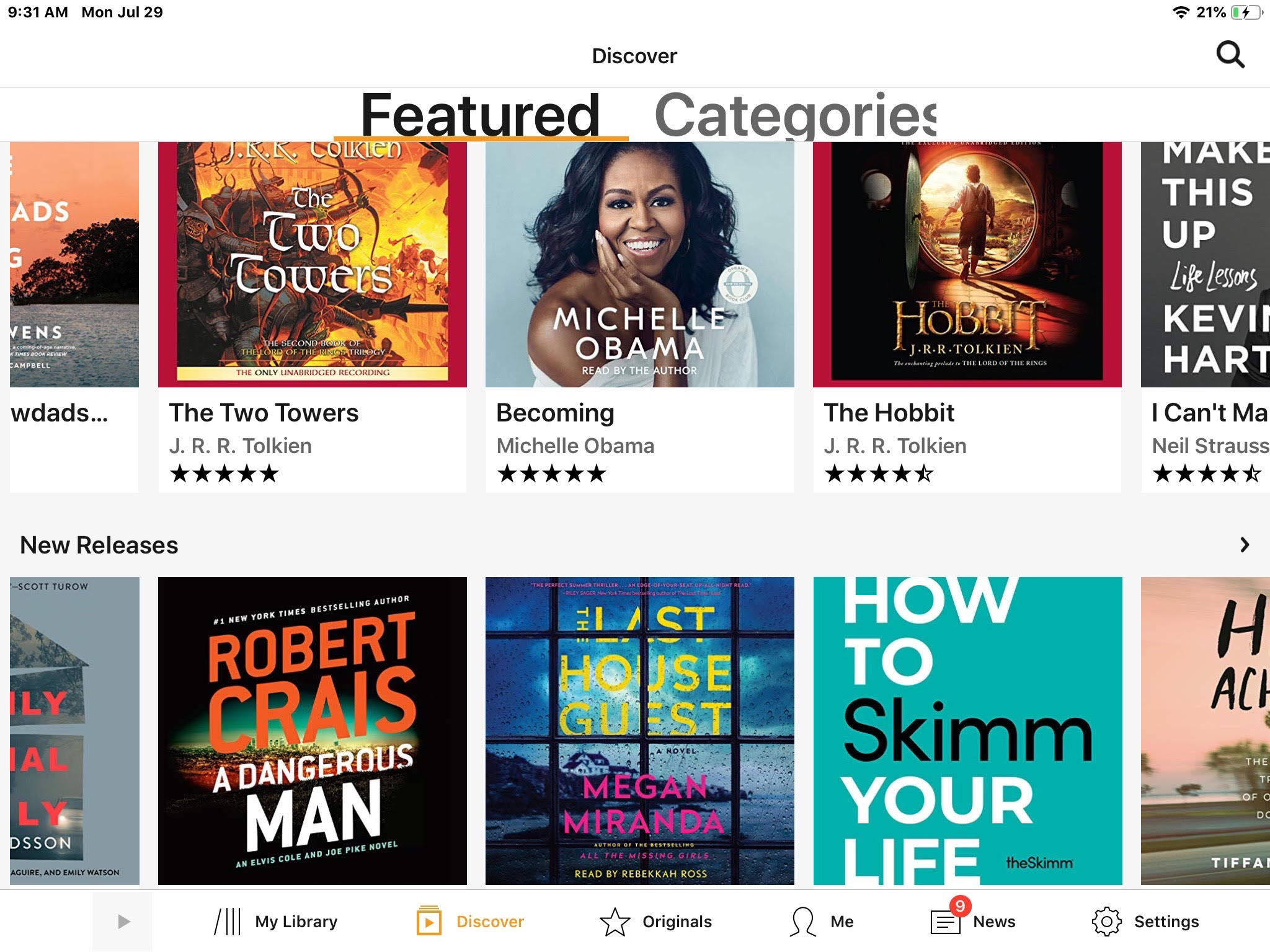 Alexa app screen showing list of featured and new books.