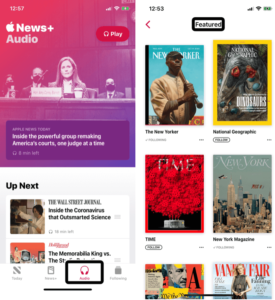Image shows screenshots of Apple News+ Audio and magazines pages.