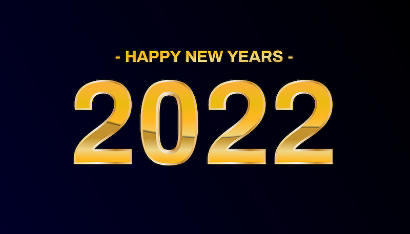 Happy New Year 2022 in gold letters on black background.