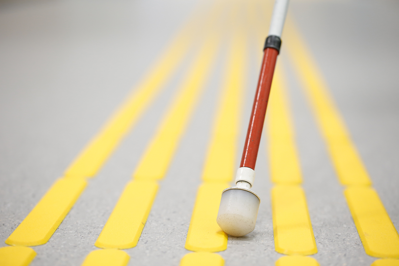 A close up of a long white cane on a street with yellow lines.
