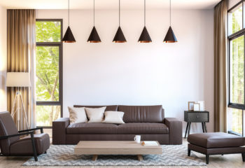 A minimalistic style living room with color contrast.