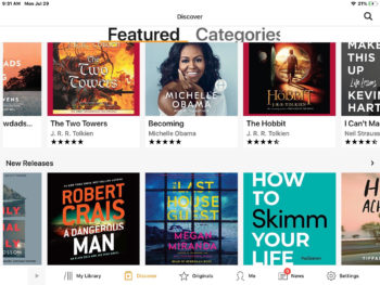 Image of Alexa app screen showing list of featured and new books.
