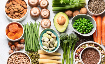 Image of fruits, veggies, legumes and nuts for healthy diet.