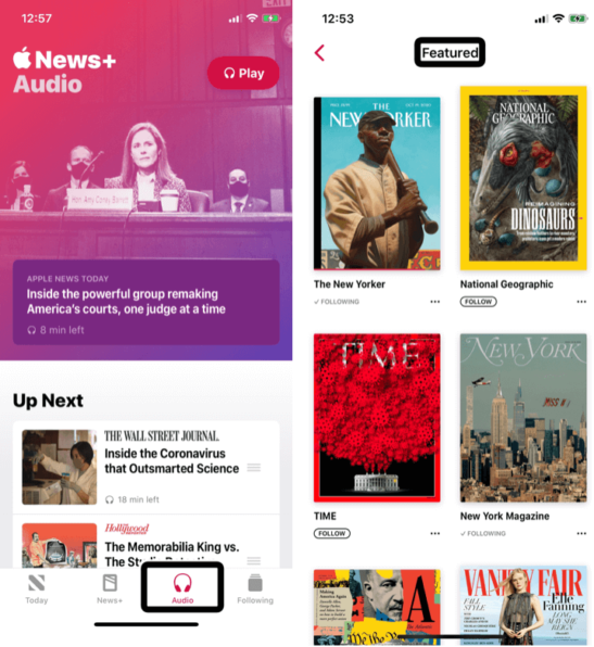 Image shows screenshots of Apple News+ Audio and magazines pages.