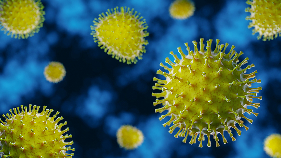 Image of conceptualization of floating influenza virus cells on a microscopic level.