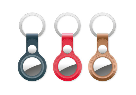 Image shows selection of AirTag case key rings in blue, red and tan colors.
