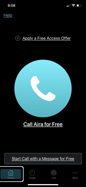 Home screen of Aira app.