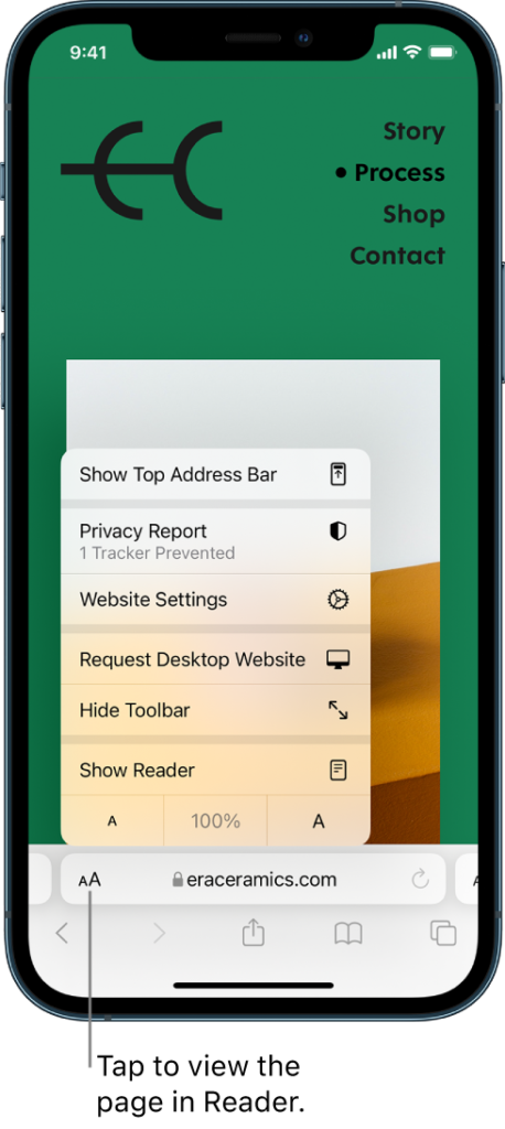 Screenshot of Show Reader option in iOS AA menu. Image credit: Apple
