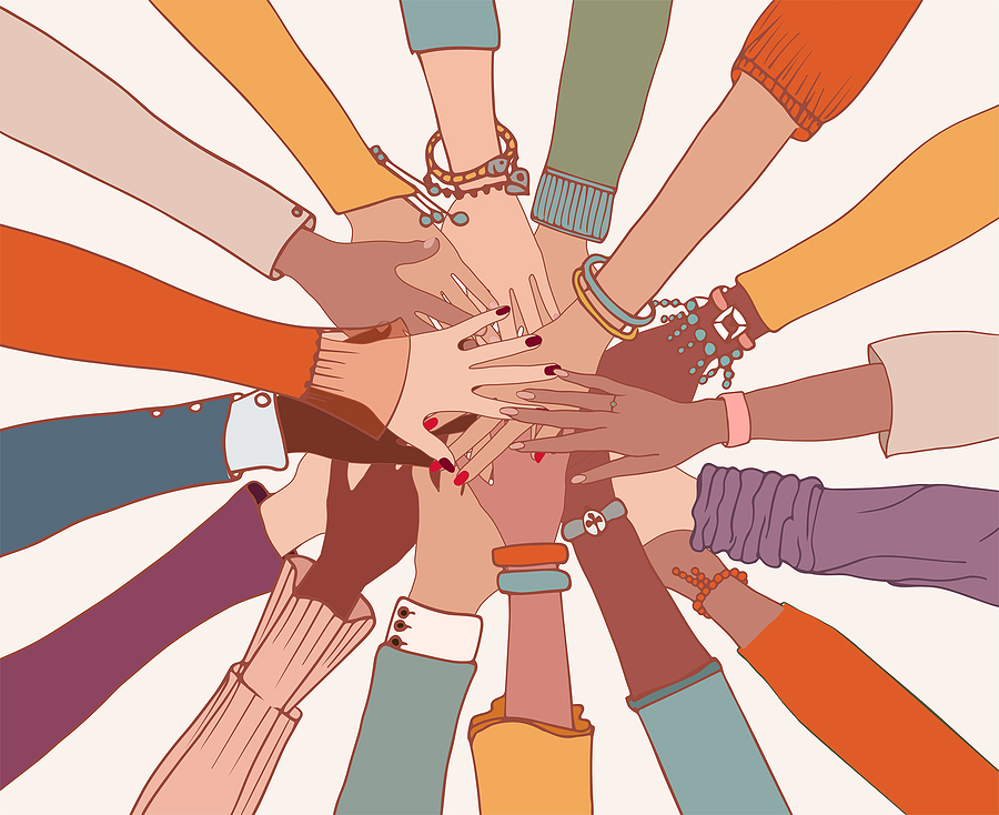 Graphic Image shows many hands coming together in helping gesture