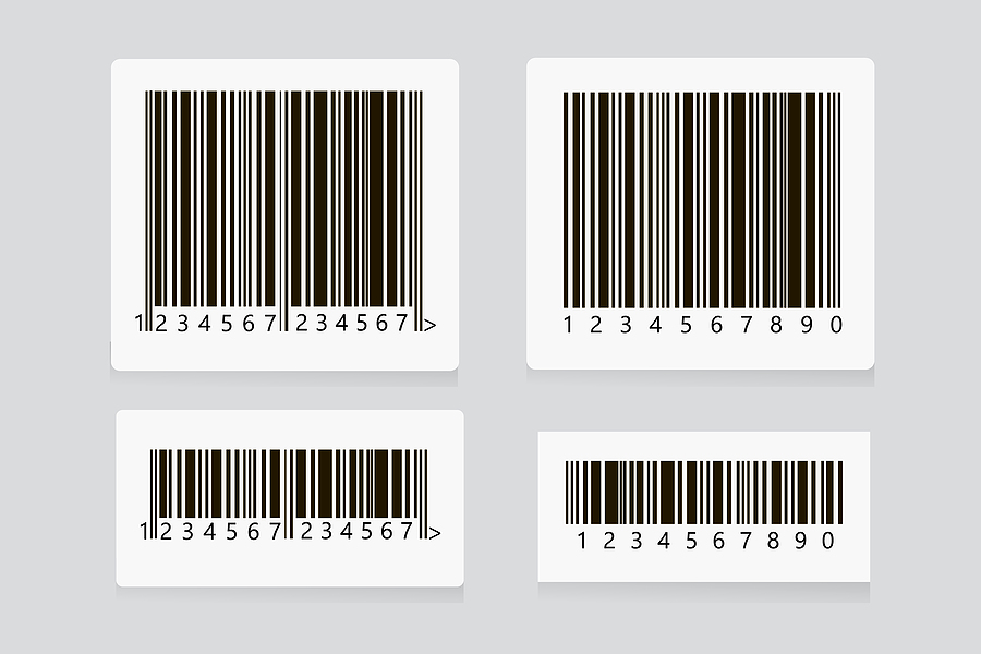 Barcode sticker set vector. Universal Product Scan Code. UPC Bar Code Scan Symbol. Realistic Barcode icon isolated.