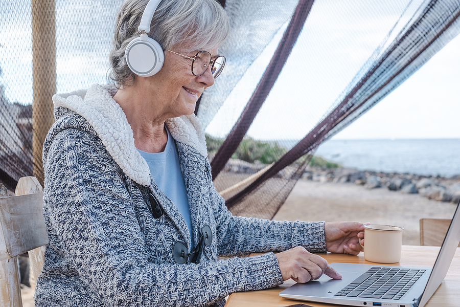 Mature woman taking online course