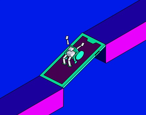 Graphic image of character in wheelchair crossing an iPhone ramp