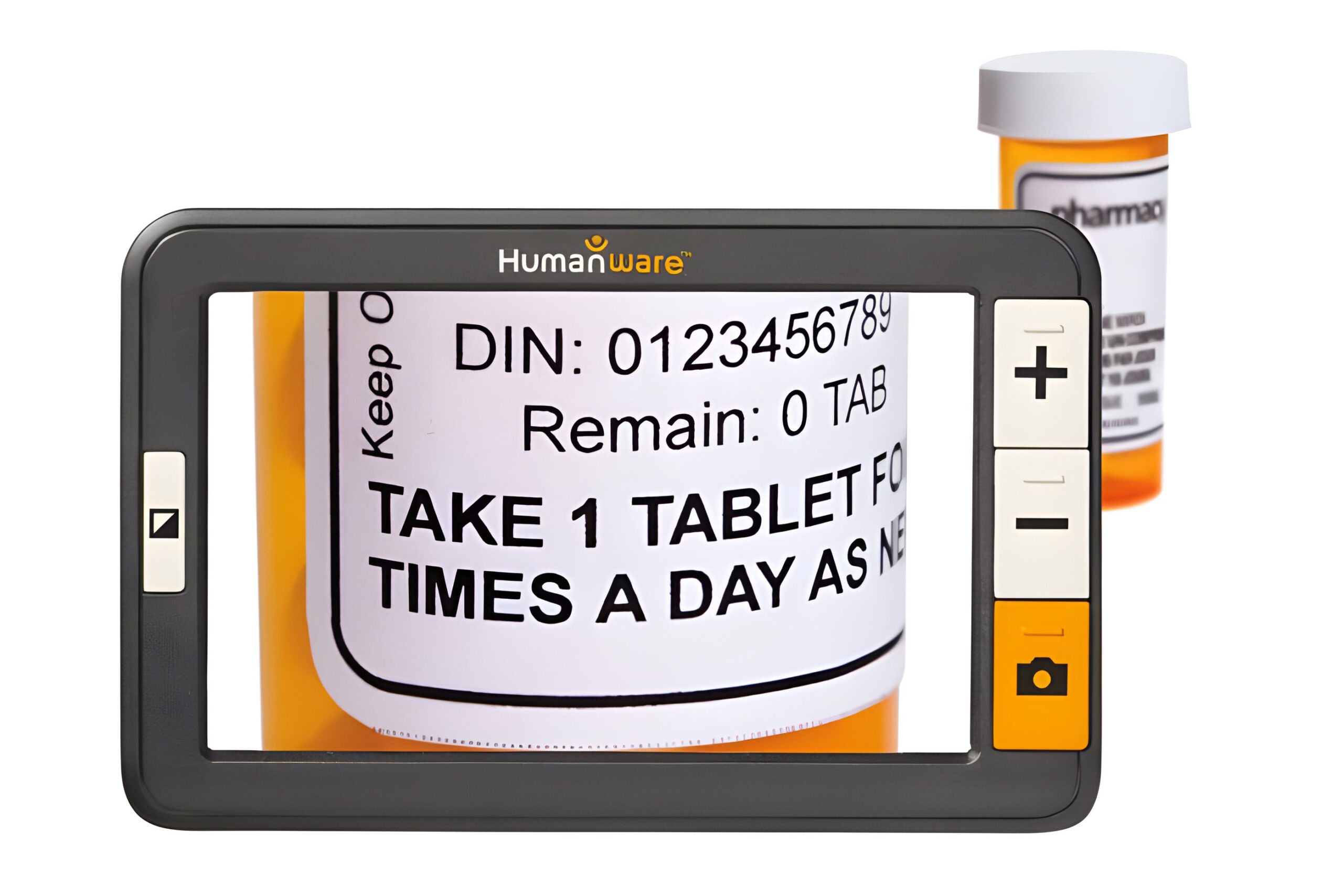 Humanware Explore 5, video handheld magnifier, magnifiers instructions on prescription pill container